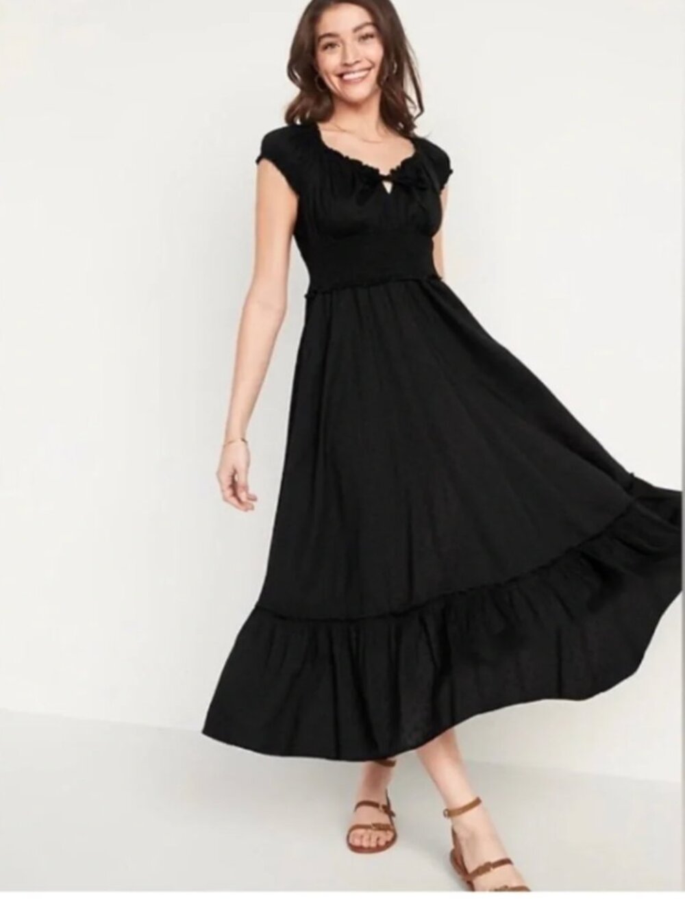 Black Waist-Defined Puff-Sleeve Clip-Dot Midi Dress